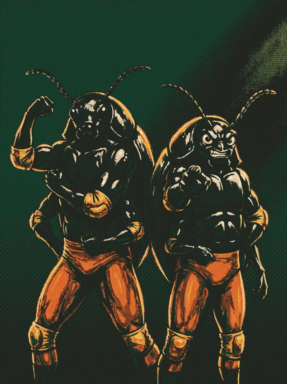 The Flea Beetle Brothers, two beetles in orange tights
