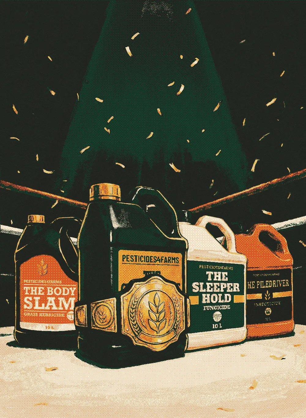 The four Pesticides4Farms jugs lined up on the ring canvas under a spotlight, a gold belt draped over The Clothesline