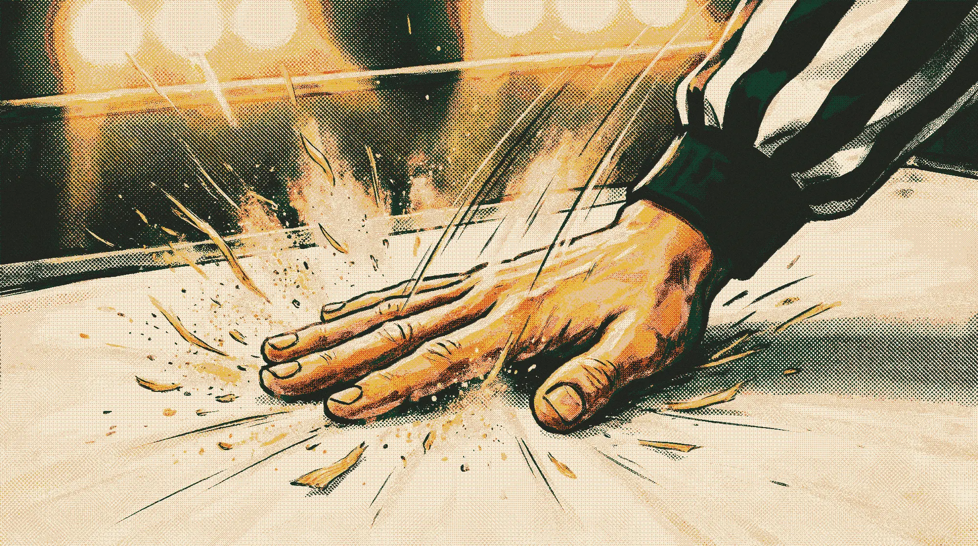 A referee's hand slapping the canvas, straw and dust flying